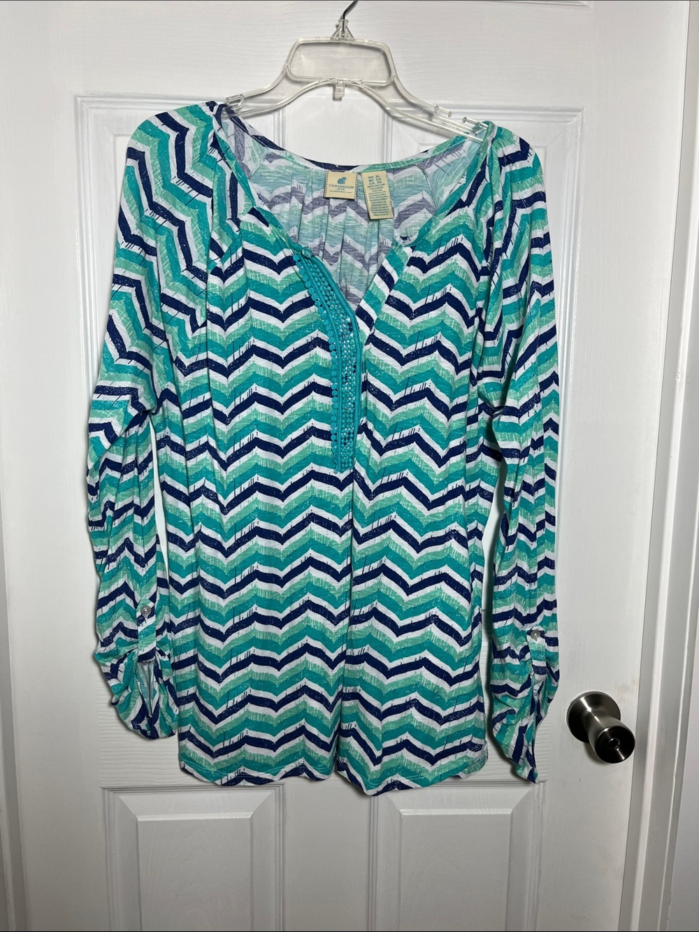 Caribbean Joe Chevron V-Neck Tunic in Teal, Aqua & Navy